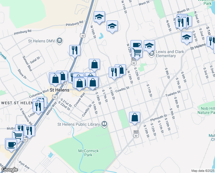map of restaurants, bars, coffee shops, grocery stores, and more near 1621 Columbia Boulevard in St. Helens