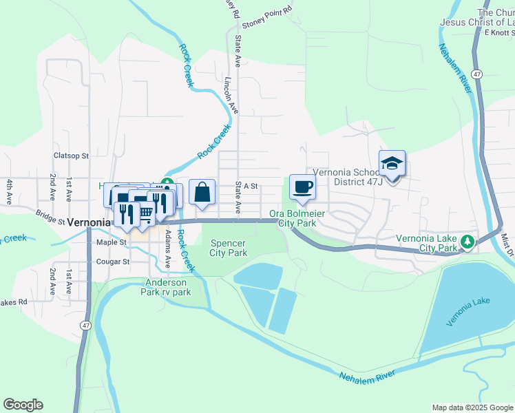 map of restaurants, bars, coffee shops, grocery stores, and more near 203 North Street in Vernonia