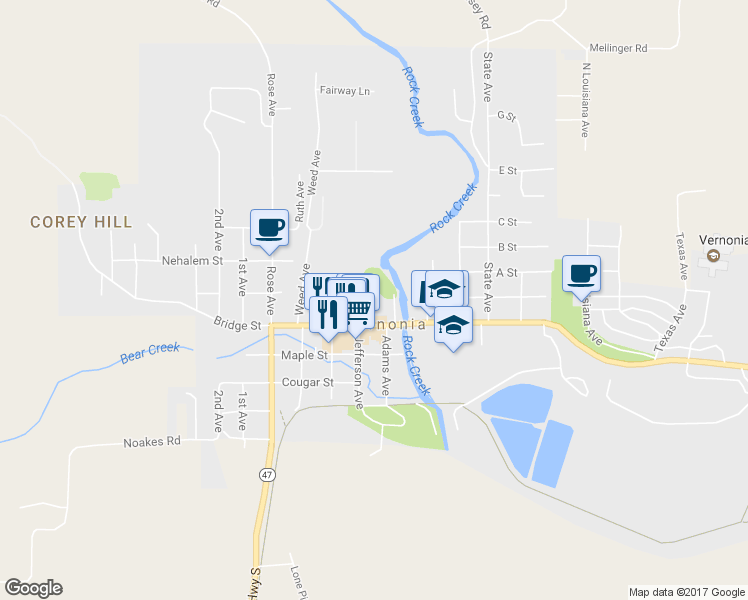 map of restaurants, bars, coffee shops, grocery stores, and more near 888 1/2 Jefferson Avenue in Vernonia