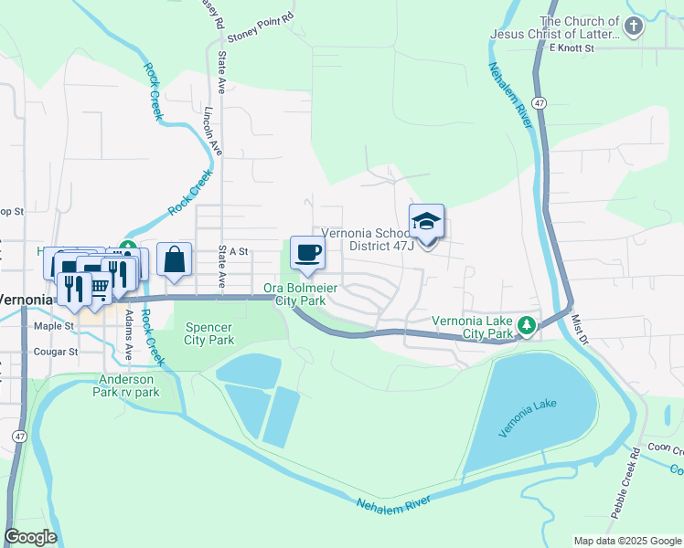 map of restaurants, bars, coffee shops, grocery stores, and more near 445 East North Street in Vernonia