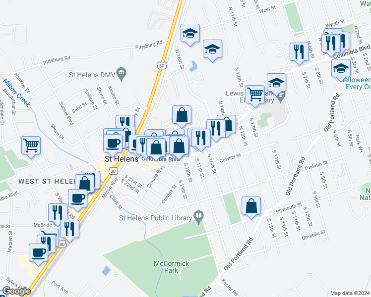 map of restaurants, bars, coffee shops, grocery stores, and more near 134 North 18th Street in St. Helens