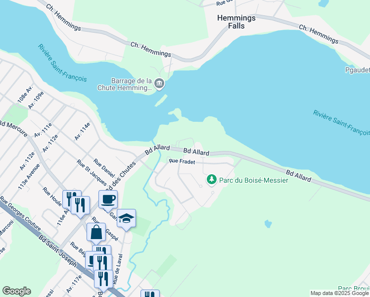 map of restaurants, bars, coffee shops, grocery stores, and more near 2228 Boulevard Allard in Drummondville
