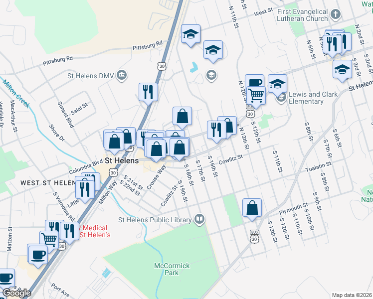map of restaurants, bars, coffee shops, grocery stores, and more near 134 North 18th Street in St. Helens