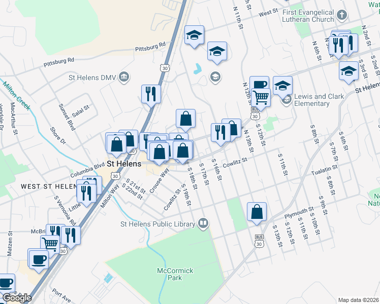 map of restaurants, bars, coffee shops, grocery stores, and more near 134 North 18th Street in St. Helens