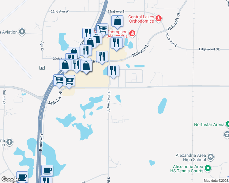 map of restaurants, bars, coffee shops, grocery stores, and more near 3401 South Broadway Street in Alexandria