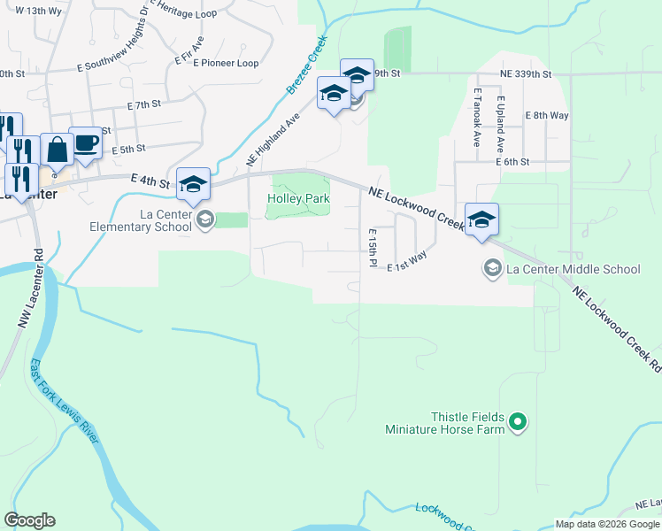map of restaurants, bars, coffee shops, grocery stores, and more near 1401 East 1st Circle in La Center