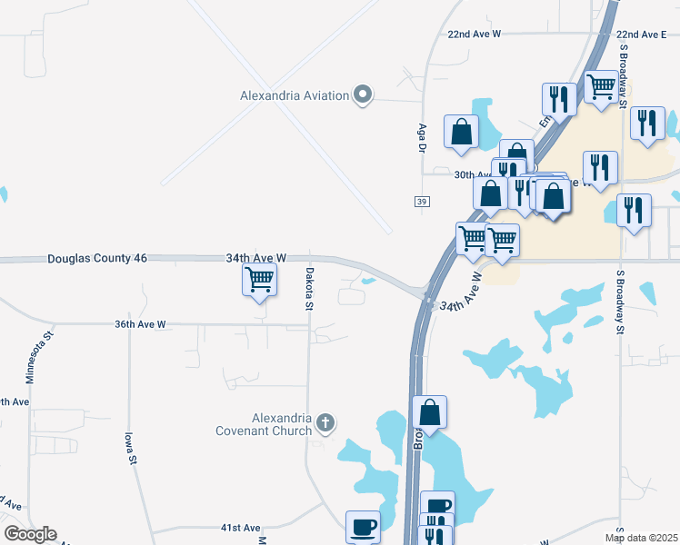 map of restaurants, bars, coffee shops, grocery stores, and more near 910 34th Avenue West in Alexandria