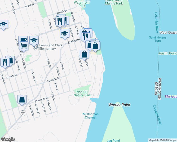 map of restaurants, bars, coffee shops, grocery stores, and more near 424 South 2nd Street in St. Helens