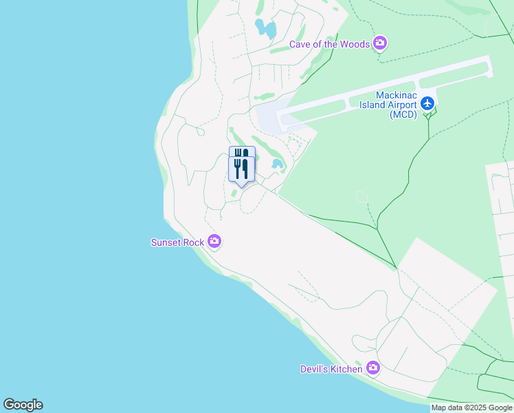 map of restaurants, bars, coffee shops, grocery stores, and more near Cudahy Circle in Mackinac Island