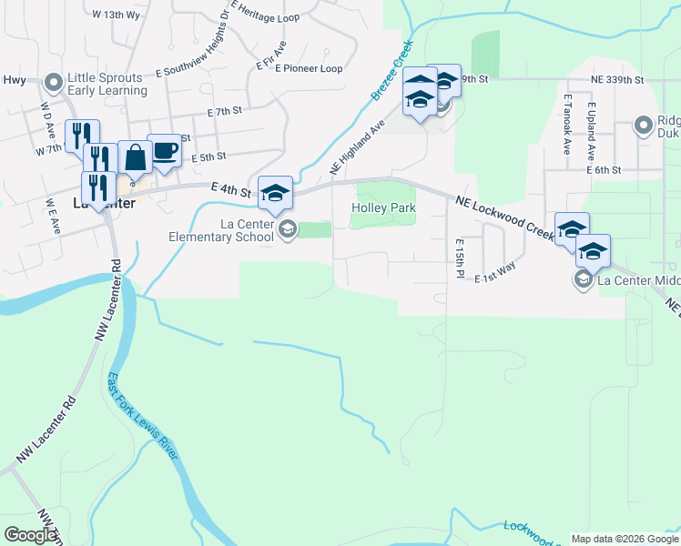 map of restaurants, bars, coffee shops, grocery stores, and more near 134 East Joyce Court in La Center