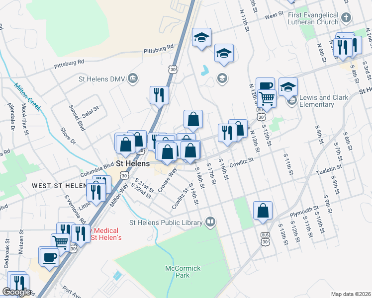 map of restaurants, bars, coffee shops, grocery stores, and more near in St. Helens