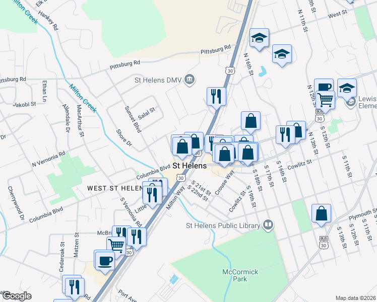map of restaurants, bars, coffee shops, grocery stores, and more near in St. Helens