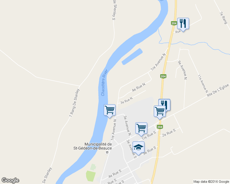 map of restaurants, bars, coffee shops, grocery stores, and more near 247 1e Avenue Nord in Saint-Gédéon-de-Beauce
