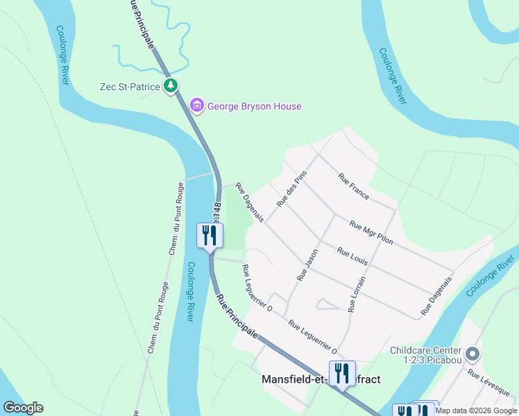 map of restaurants, bars, coffee shops, grocery stores, and more near 108 Rue Dagenais in Mansfield-et-Pontefract