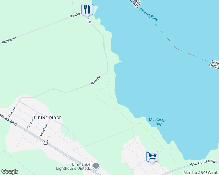 map of restaurants, bars, coffee shops, grocery stores, and more near 502A MacGregor's Bay Trail in Pembroke