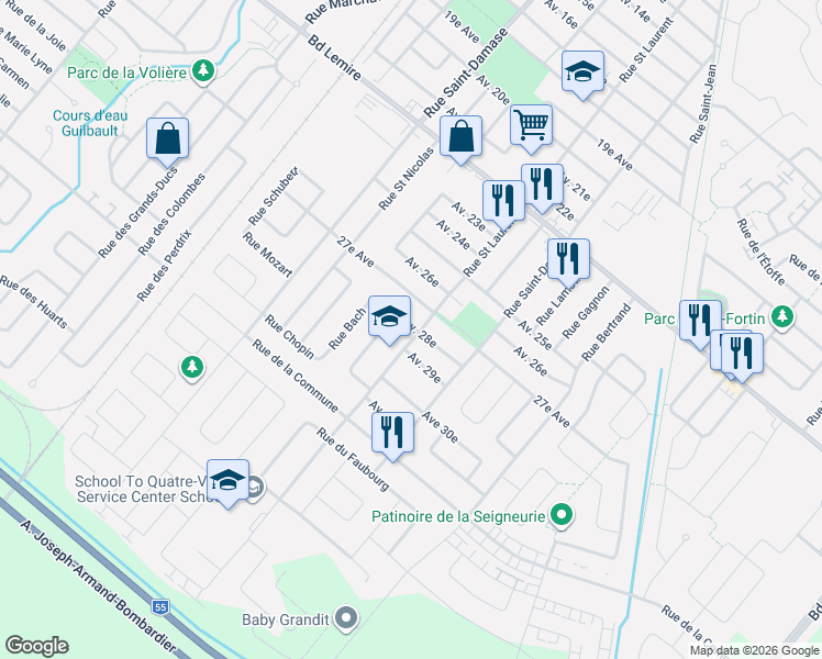 map of restaurants, bars, coffee shops, grocery stores, and more near 2320 Rue Saint Laurent in Drummondville
