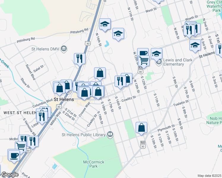 map of restaurants, bars, coffee shops, grocery stores, and more near 1621 Columbia Boulevard in St. Helens