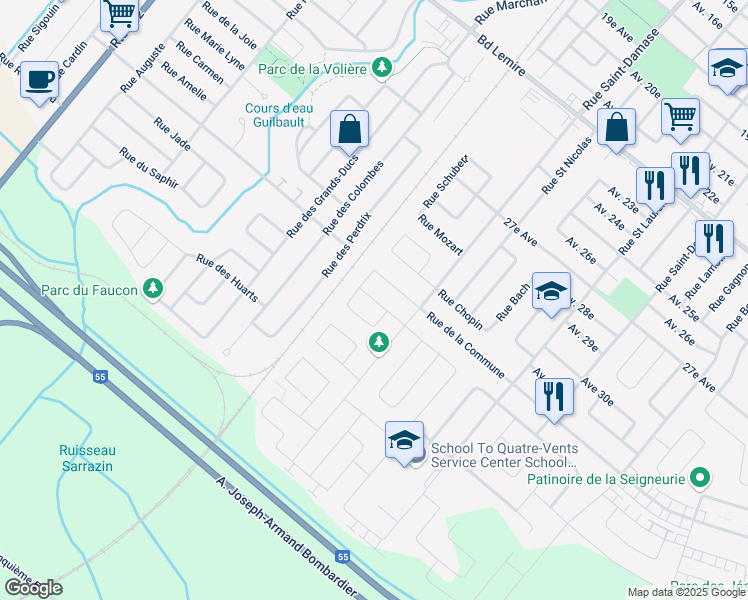 map of restaurants, bars, coffee shops, grocery stores, and more near 2080 Rue Vivaldi in Drummondville