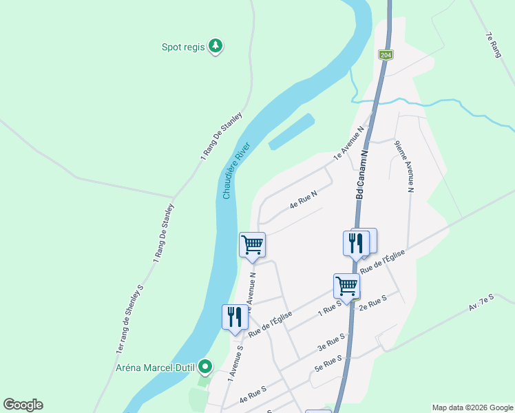 map of restaurants, bars, coffee shops, grocery stores, and more near 247 1e Avenue Nord in Saint-Gédéon-de-Beauce