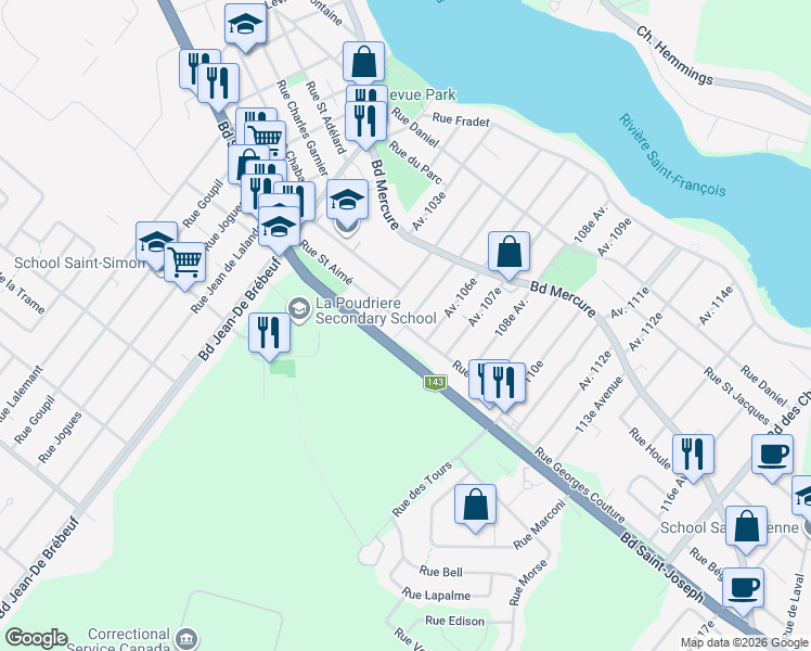 map of restaurants, bars, coffee shops, grocery stores, and more near Rue Saint Aimé in Drummondville