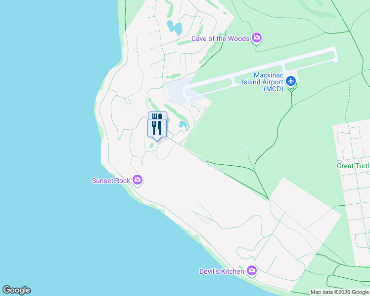 map of restaurants, bars, coffee shops, grocery stores, and more near Stone Cliff Rd in Mackinac Island