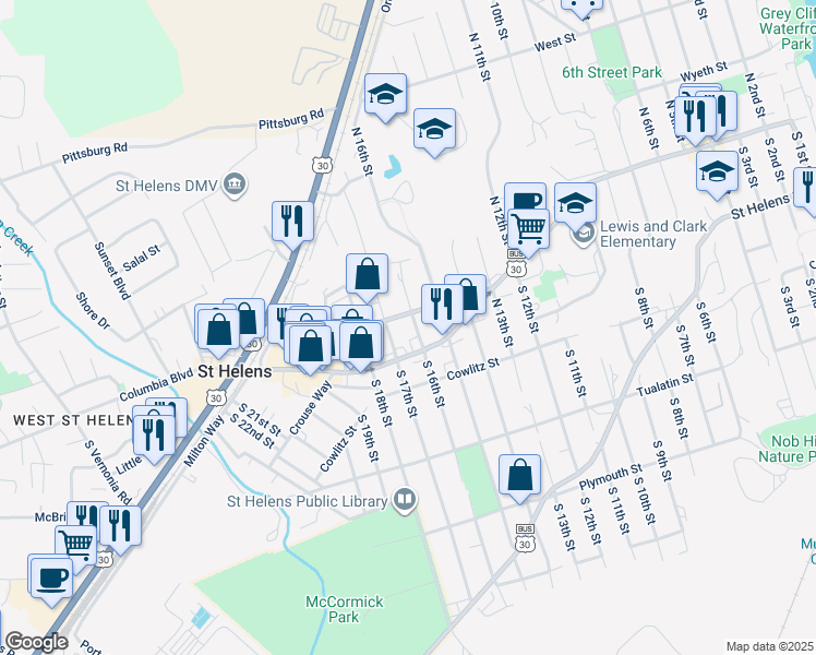 map of restaurants, bars, coffee shops, grocery stores, and more near 135 North 16th Street in St. Helens