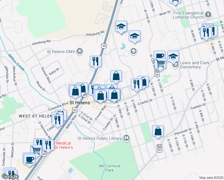 map of restaurants, bars, coffee shops, grocery stores, and more near in St. Helens