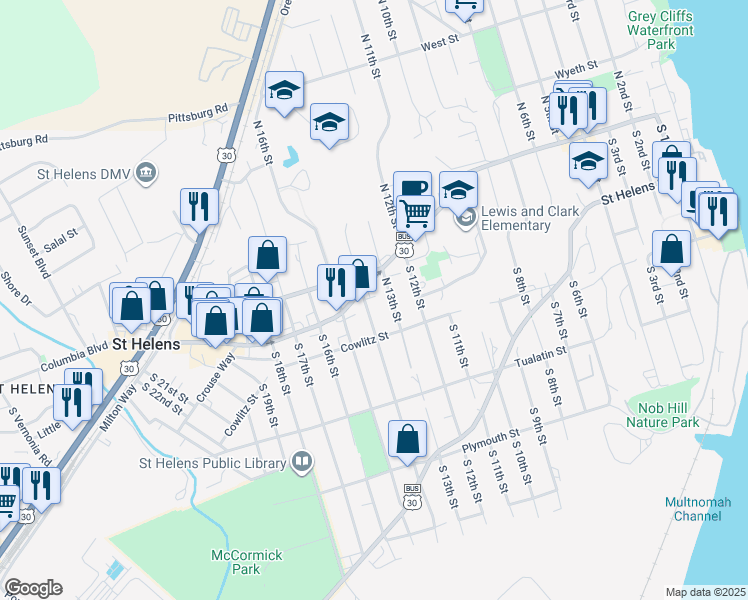 map of restaurants, bars, coffee shops, grocery stores, and more near 1331 Columbia Boulevard in St. Helens