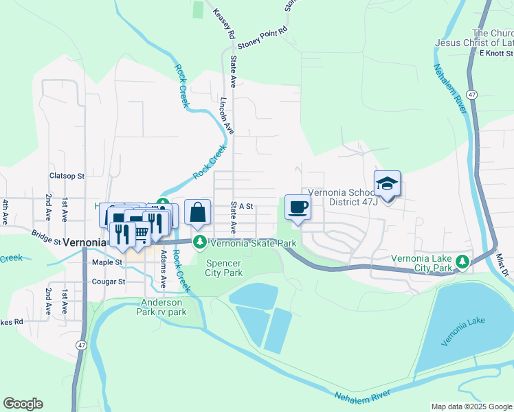 map of restaurants, bars, coffee shops, grocery stores, and more near 1064 State Avenue in Vernonia