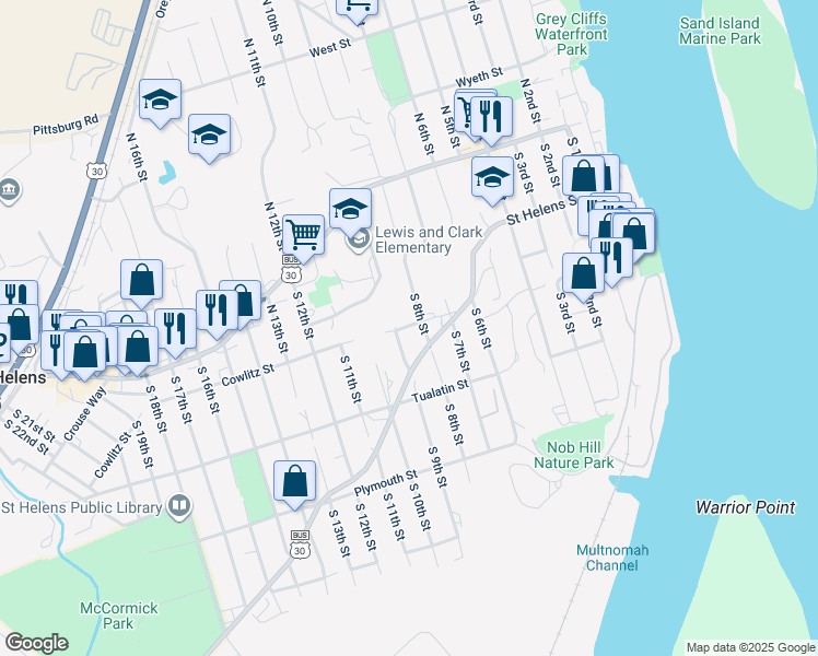 map of restaurants, bars, coffee shops, grocery stores, and more near 294 South 8th Street in St. Helens