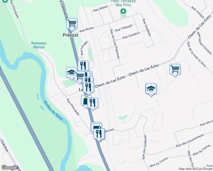 map of restaurants, bars, coffee shops, grocery stores, and more near 951 Chemin du Lac Écho in Prévost