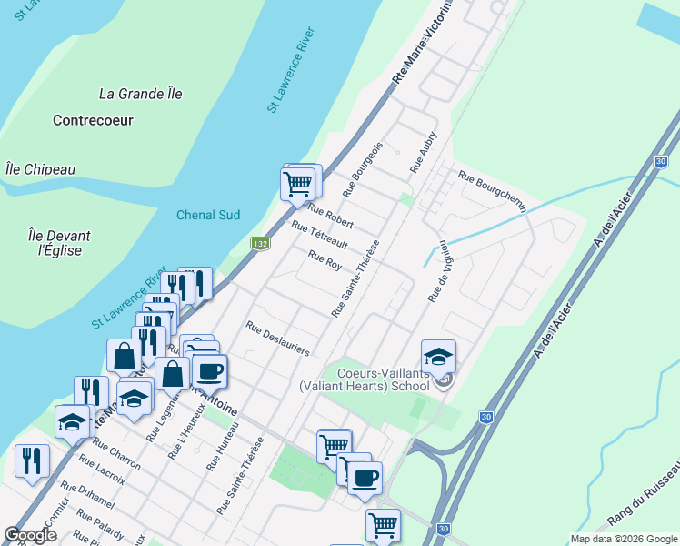 map of restaurants, bars, coffee shops, grocery stores, and more near 844 Rue Roy in Contrecoeur