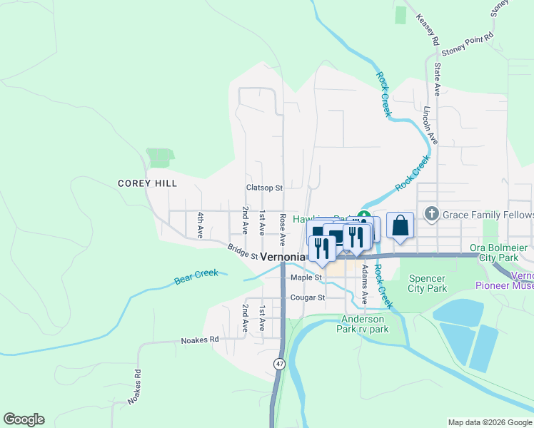 map of restaurants, bars, coffee shops, grocery stores, and more near 998 1st Avenue in Vernonia