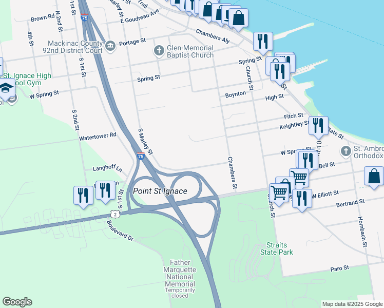 map of restaurants, bars, coffee shops, grocery stores, and more near 540 Chambers Street in St. Ignace