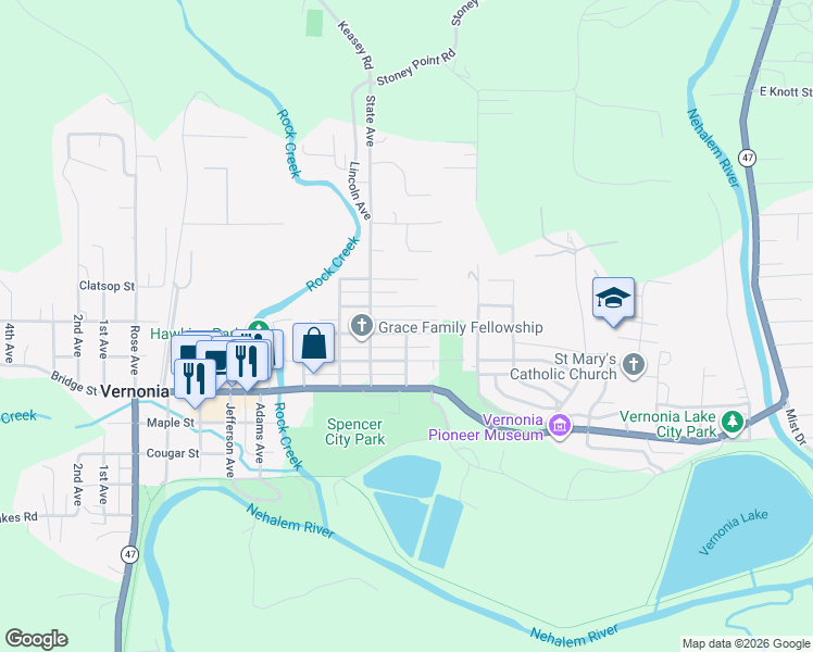 map of restaurants, bars, coffee shops, grocery stores, and more near 1064 State Avenue in Vernonia