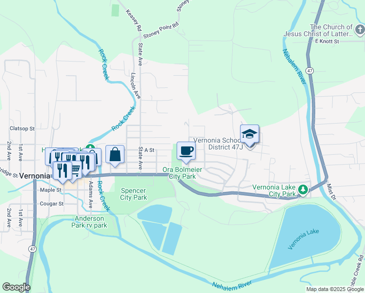 map of restaurants, bars, coffee shops, grocery stores, and more near 1073 Louisiana Avenue in Vernonia