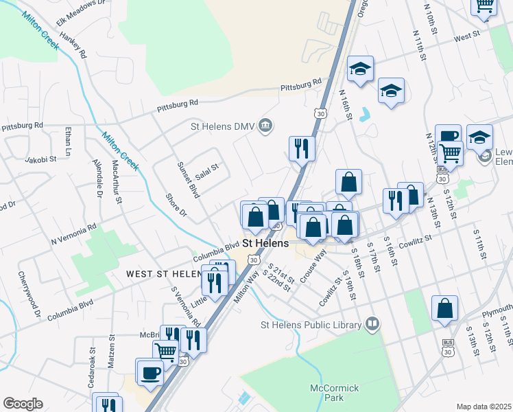 map of restaurants, bars, coffee shops, grocery stores, and more near 75 Shore Drive in St. Helens