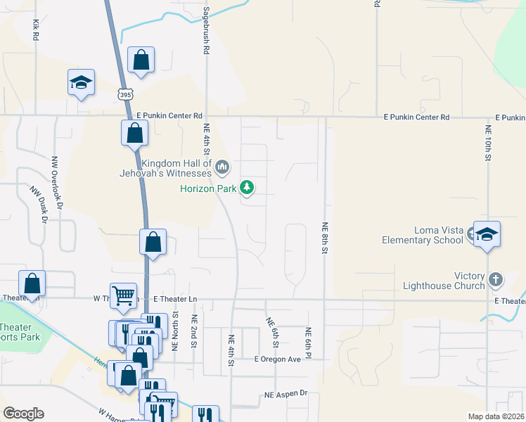 map of restaurants, bars, coffee shops, grocery stores, and more near 596 East Lauren Avenue in Hermiston