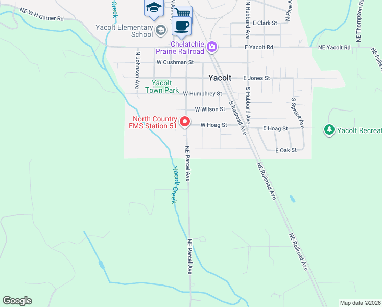 map of restaurants, bars, coffee shops, grocery stores, and more near 211 West Oak Street in Yacolt