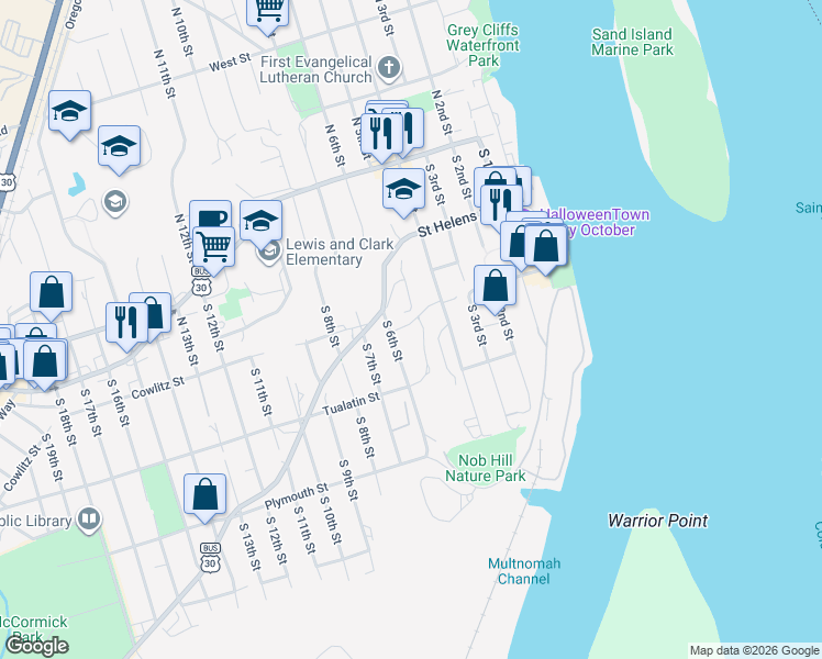 map of restaurants, bars, coffee shops, grocery stores, and more near 325 South 5th Street in St. Helens