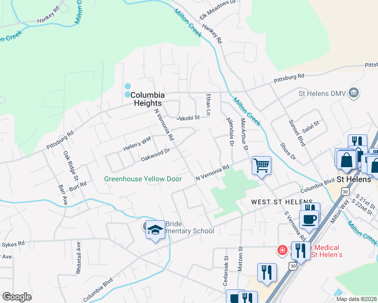 map of restaurants, bars, coffee shops, grocery stores, and more near 370 North Vernonia Road in St. Helens