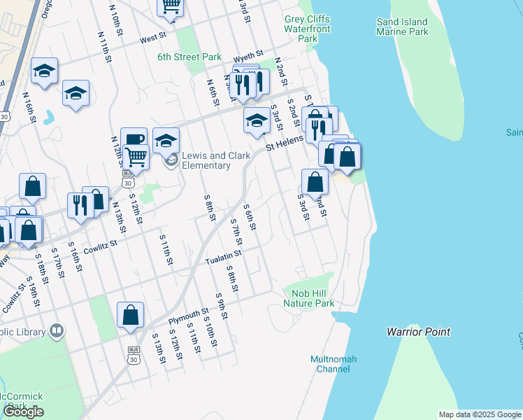 map of restaurants, bars, coffee shops, grocery stores, and more near 325 South 5th Street in Saint Helens