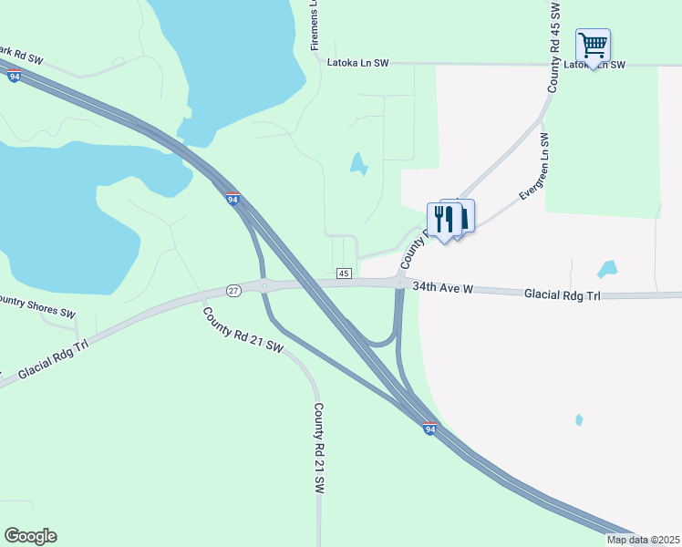 map of restaurants, bars, coffee shops, grocery stores, and more near County Road 45 in Alexandria