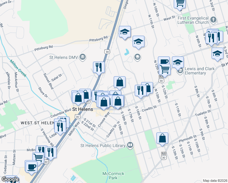 map of restaurants, bars, coffee shops, grocery stores, and more near 255 North 18th Street in St. Helens