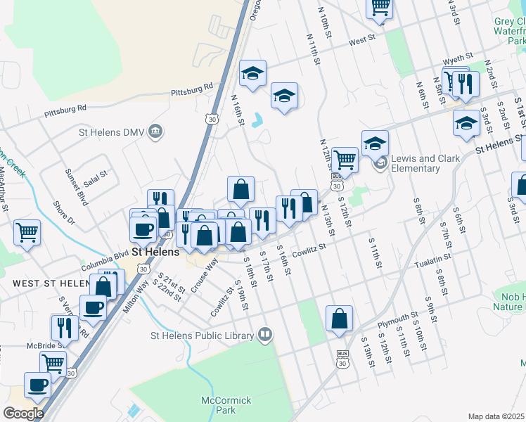 map of restaurants, bars, coffee shops, grocery stores, and more near 255 North 18th Street in St. Helens