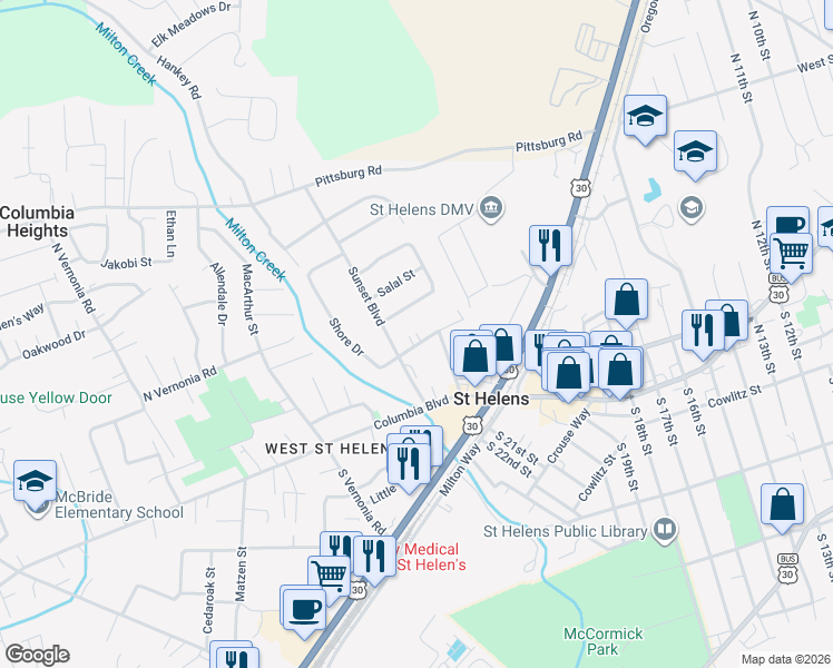 map of restaurants, bars, coffee shops, grocery stores, and more near 86 Shore Drive in Saint Helens