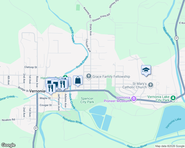 map of restaurants, bars, coffee shops, grocery stores, and more near 1046 State Avenue in Vernonia