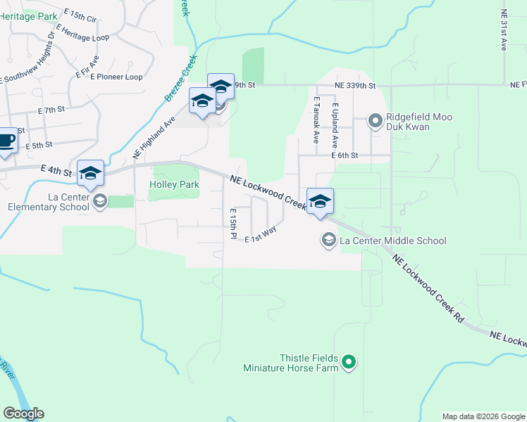 map of restaurants, bars, coffee shops, grocery stores, and more near 228 East 17th Place in La Center