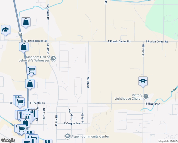 map of restaurants, bars, coffee shops, grocery stores, and more near 2149 Sunny View Lane in Hermiston