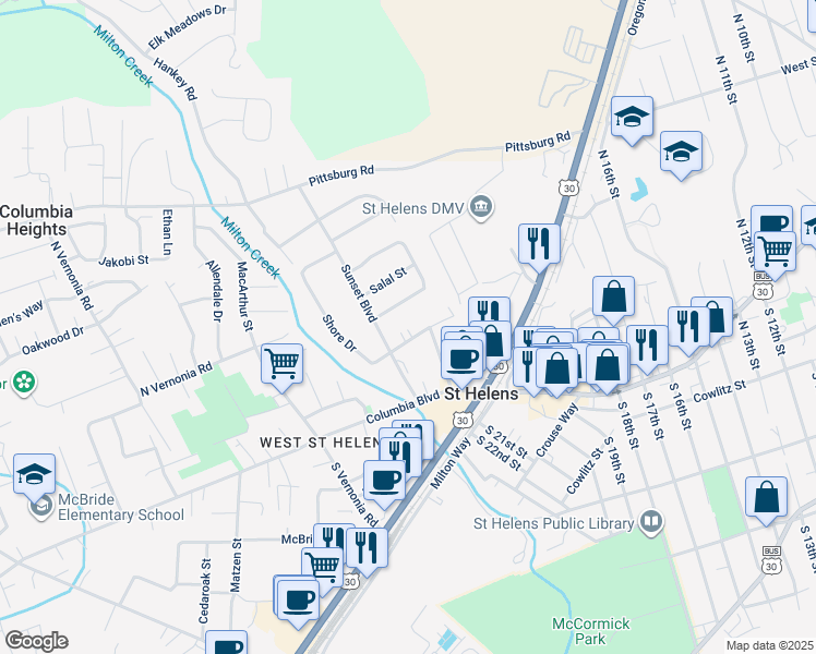 map of restaurants, bars, coffee shops, grocery stores, and more near 37 Salmon Street in St. Helens